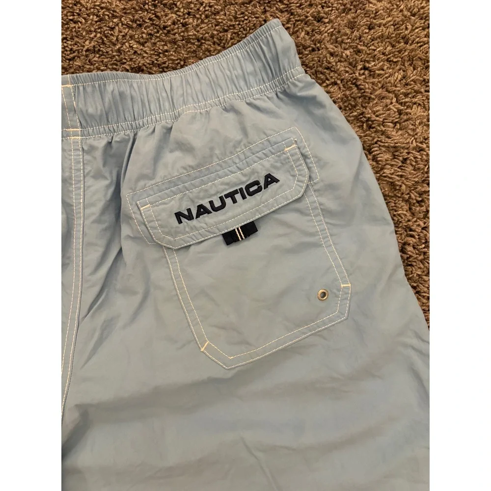 Nautica Mens Light Blue Swim Trunks Mesh Lined Board Shorts Drawstring Waist